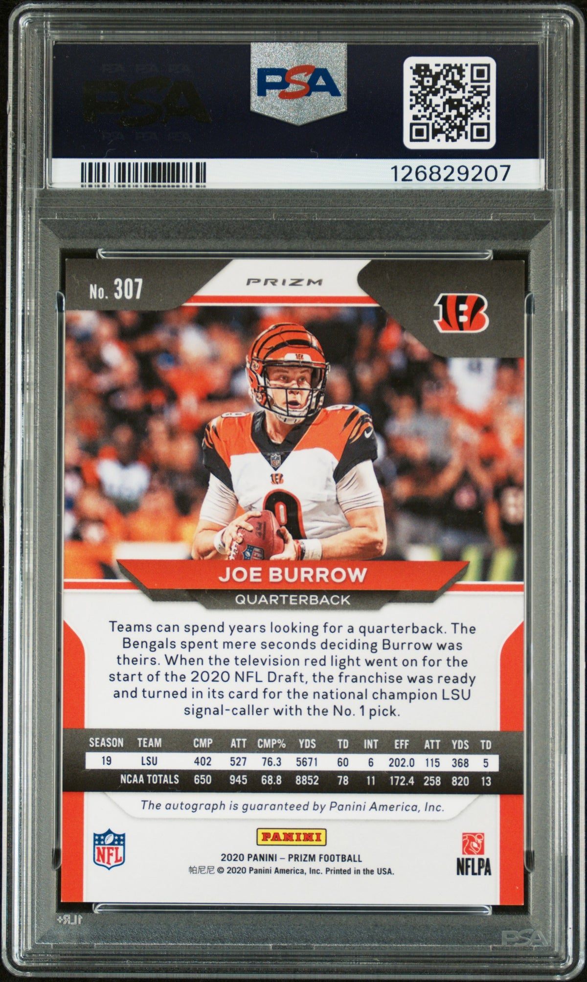 JOE BURROW 2020 Panini Prizm Rookie Auto Silver Prizm #307 PSA 9 Auto 10 Bengals