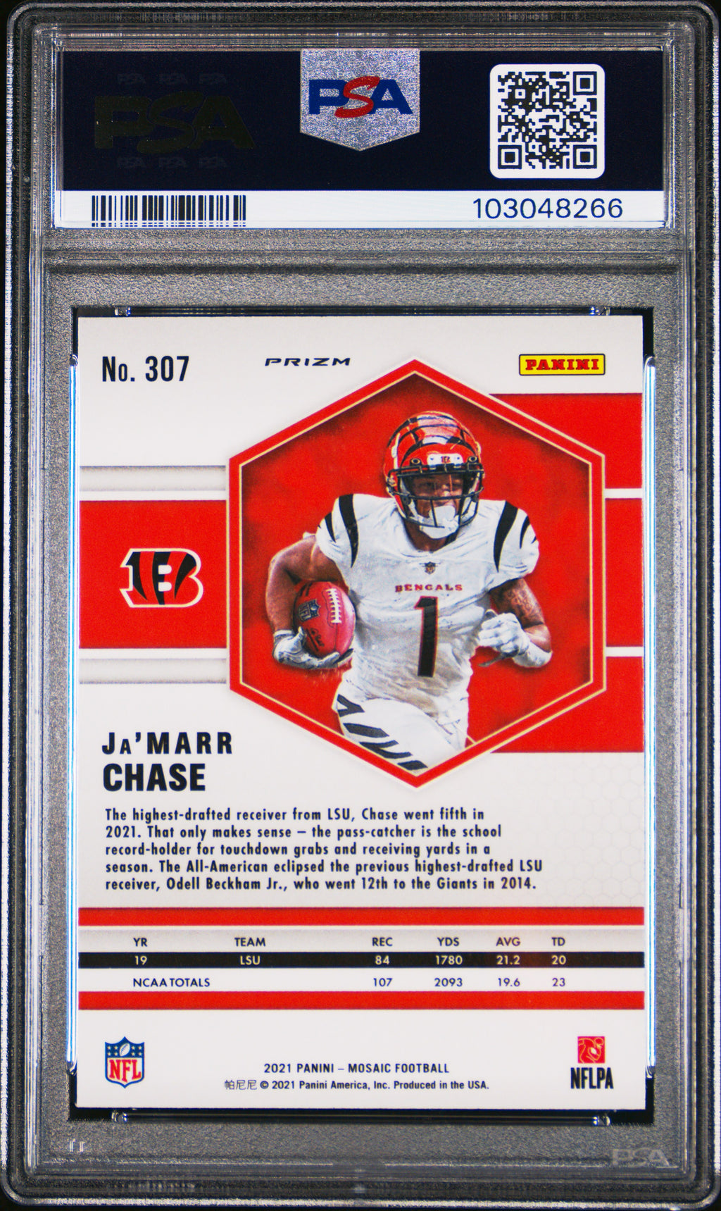 JA'MARR CHASE 2021 Panini Mosaic Rookie Reactive Yellow Prizm #307 PSA 10