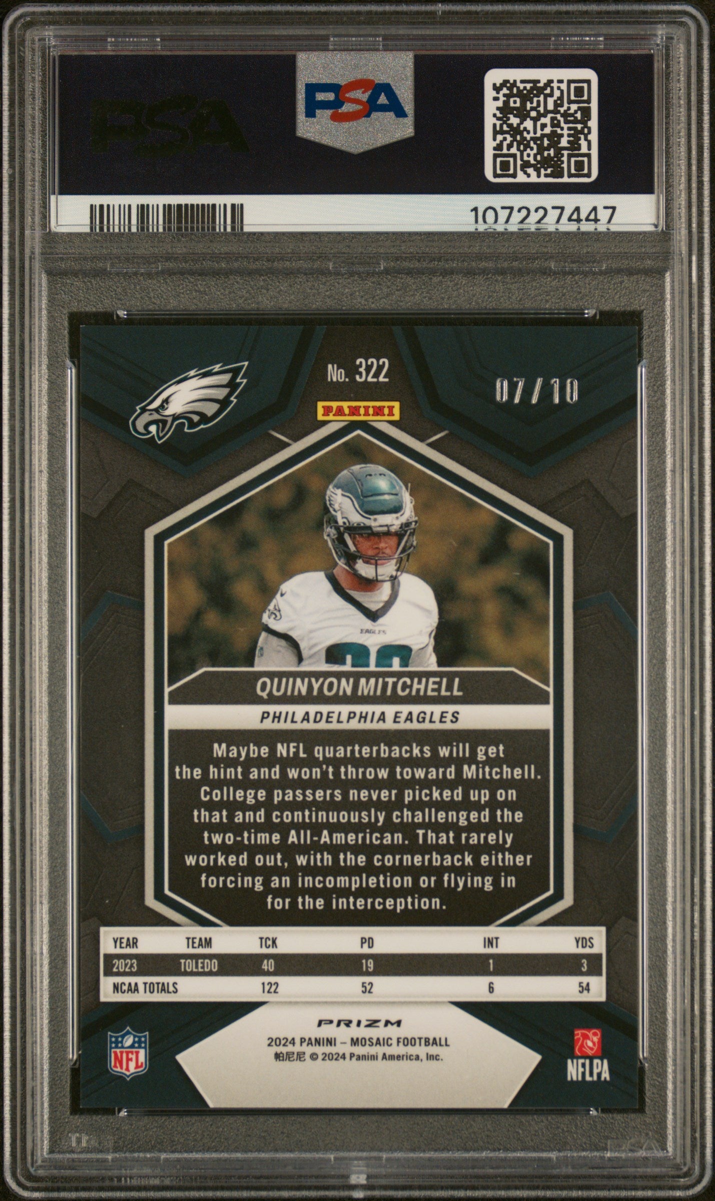 QUINYON MITCHELL 2024 Panini Mosaic Gold Prizm /10 Rookie PSA 9 Eagles #322