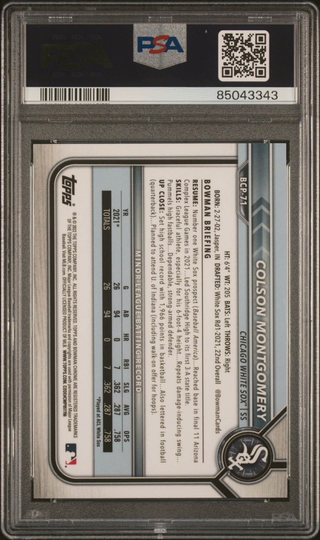 COLSON MONTGOMERY 2022 Bowman Chrome Prospects Lava Refractor /399 #BCP71 PSA 10