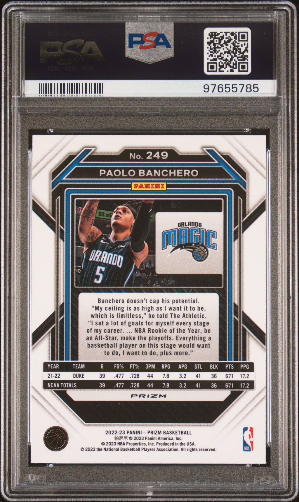 PAOLO BANCHERO 2022-23 Panini Prizm Rookie Silver Ice #249 PSA 10 Magic