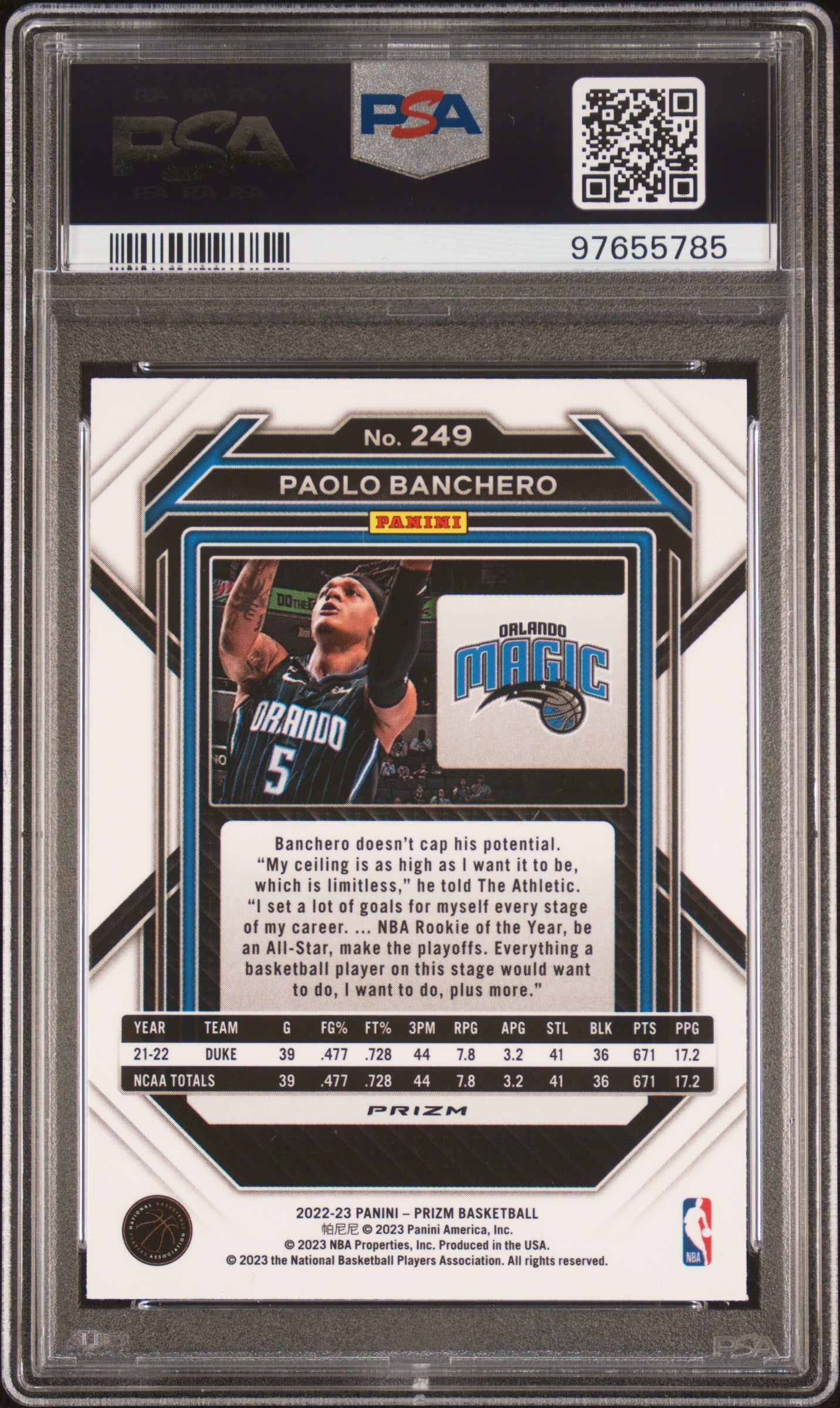 PAOLO BANCHERO 2022-23 Panini Prizm Rookie Silver Ice #249 PSA 10 Magic