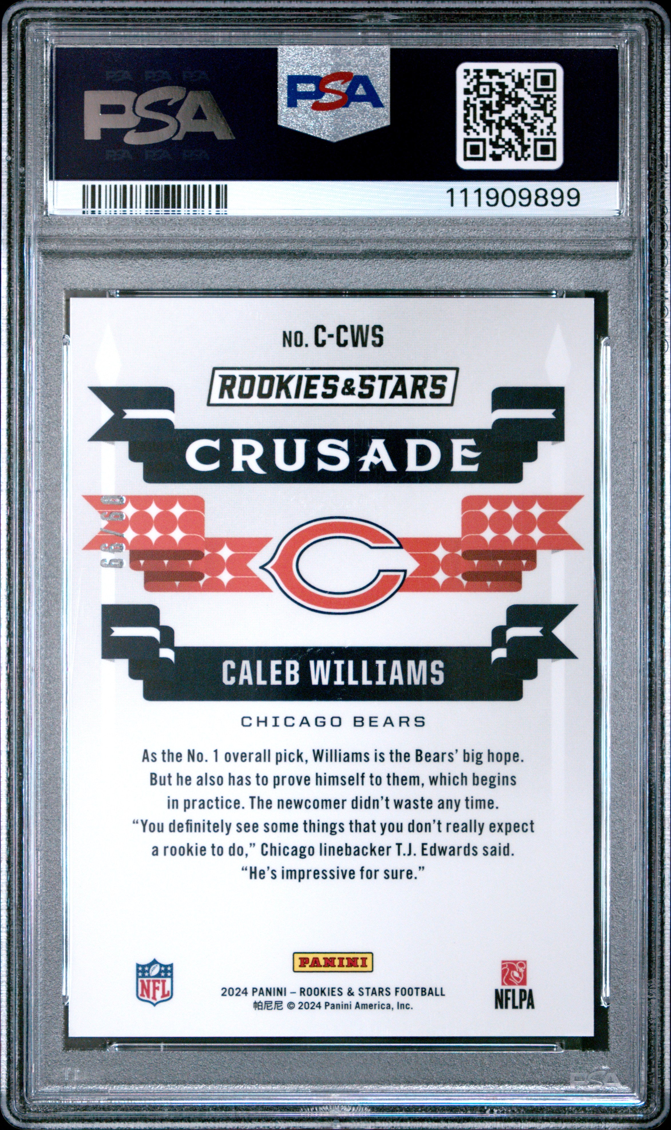 CALEB WILLIAMS 2024 Panini Rookies & Stars Crusade Red /99 Rookie PSA 10 Bears
