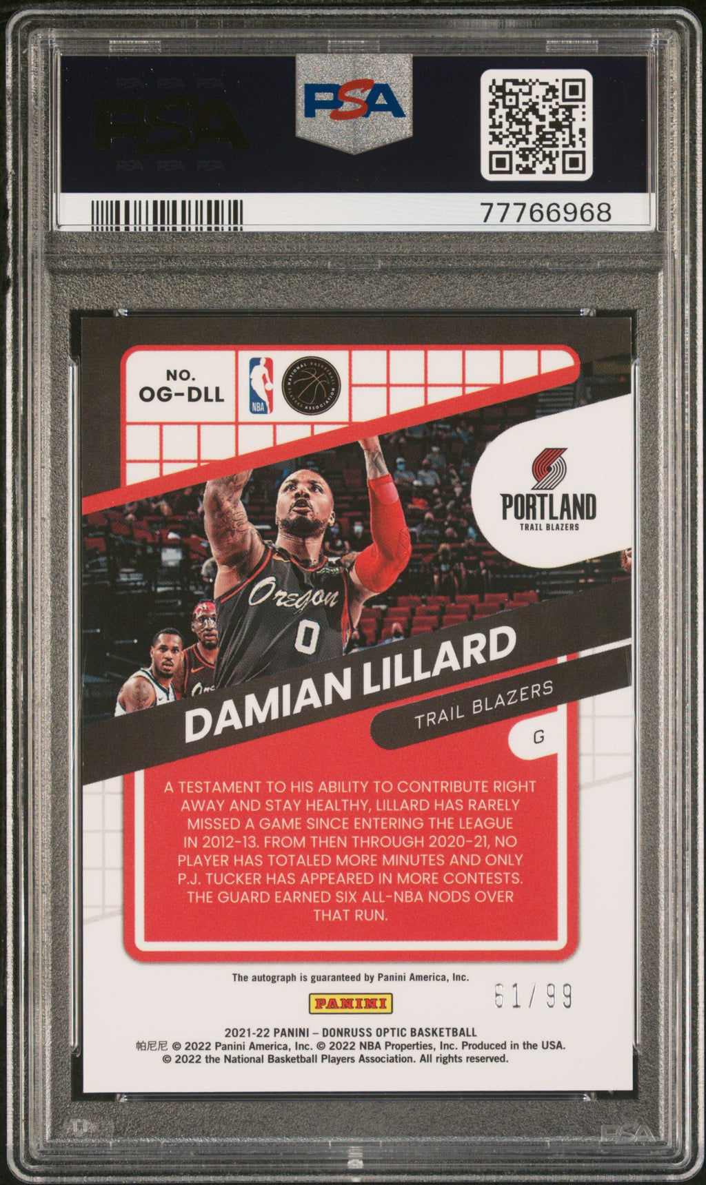 DAMIAN LILLARD 2021-22 Panini Donruss Optic Opti-Graphs Auto /99 PSA 9 Blazers