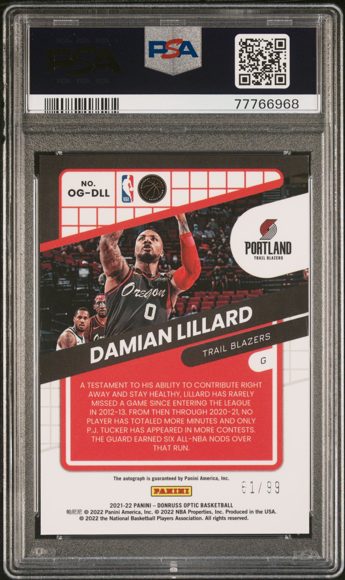 DAMIAN LILLARD 2021-22 Panini Donruss Optic Opti-Graphs Auto /99 PSA 9 Blazers