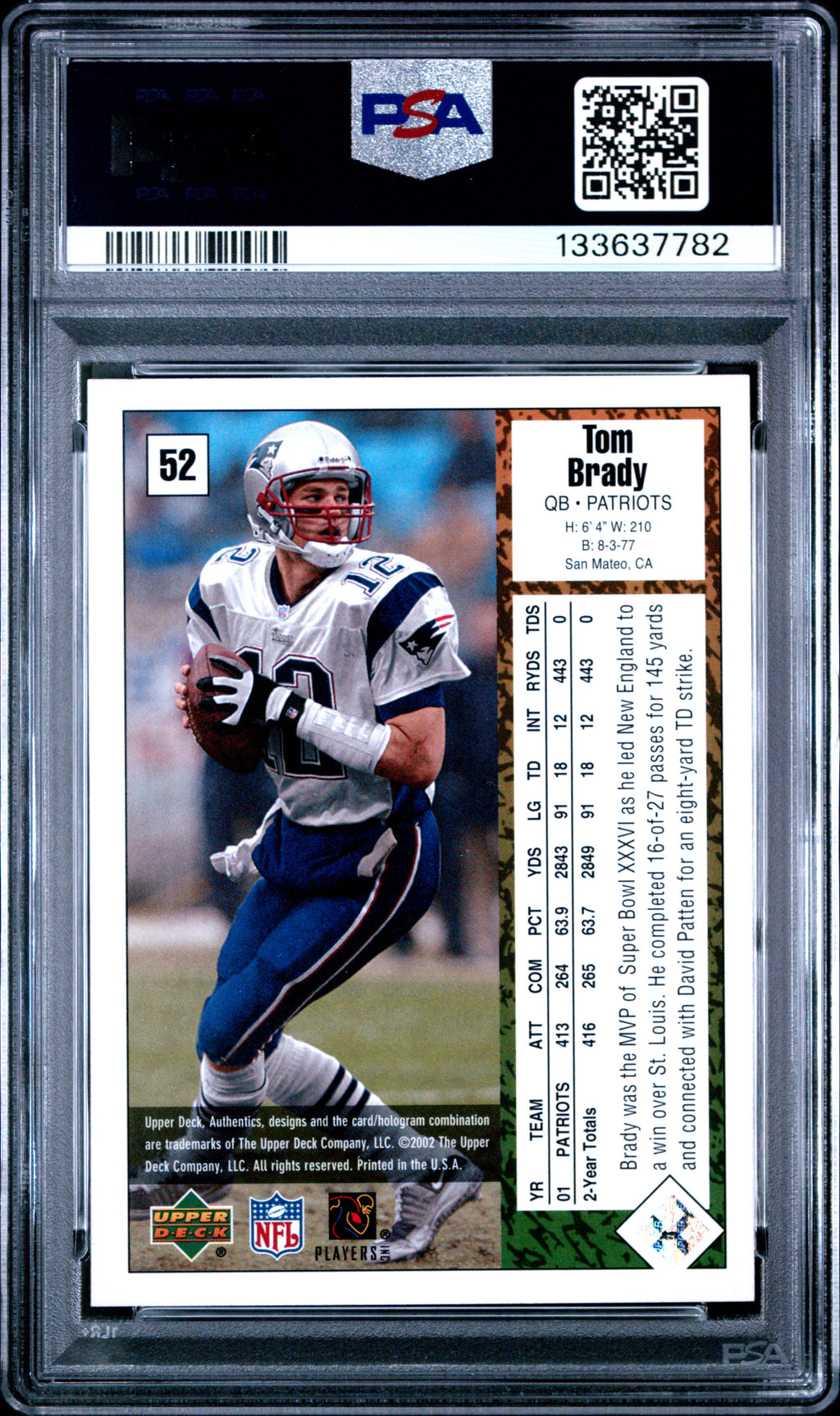 TOM BRADY 2002 Upper Deck U.D. Authentics #52 PSA 9 Patriots