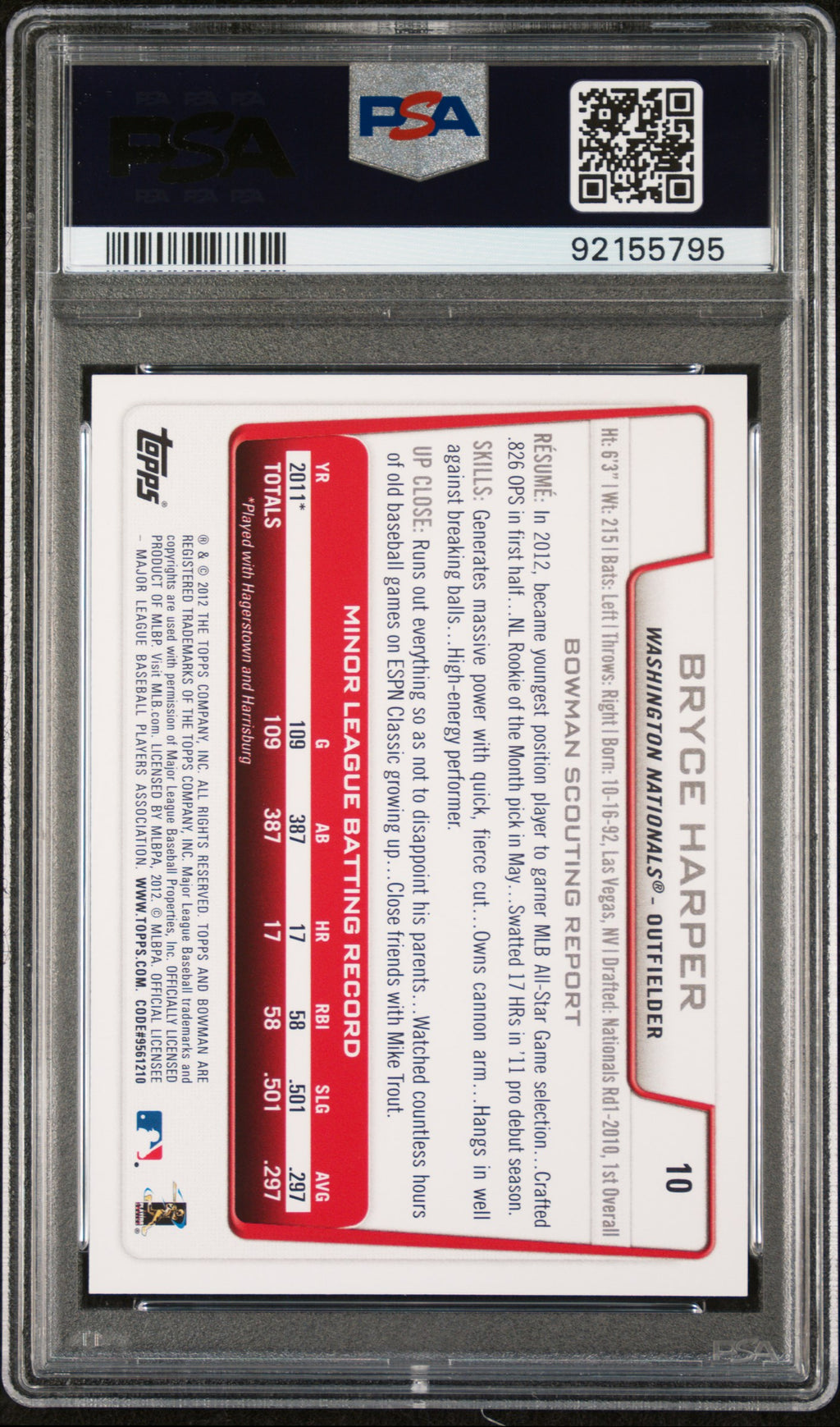 BRYCE HARPER 2012 Bowman Draft Rookie #10 PSA 10 Nationals