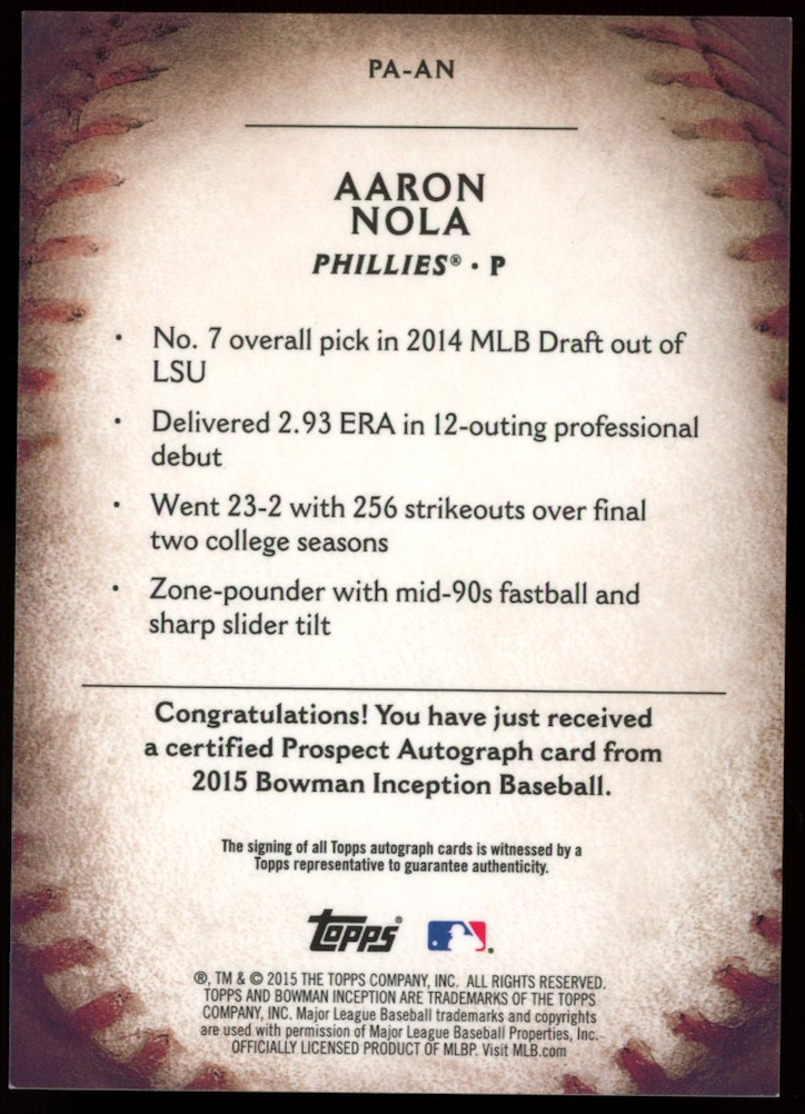 AARON NOLA 2015 Bowman Inception Prospect Auto Phillies #PA-AN