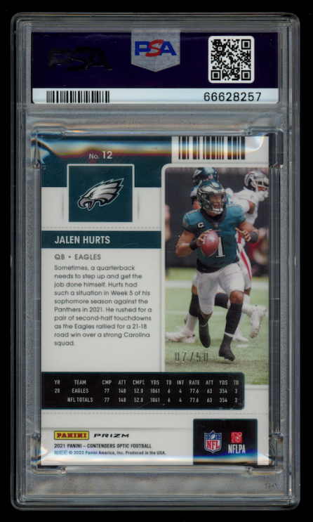 JALEN HURTS 2021 Panini Contenders Optic Season Ticket Orange Prizm /50 PSA 9