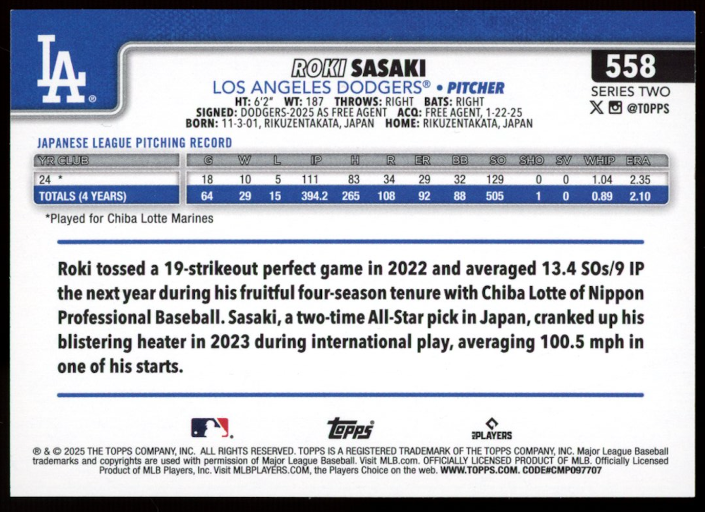 ROKI SASAKI 2025 Topps Series 2 Team Logo Border Rookie SSP Dodgers #558
