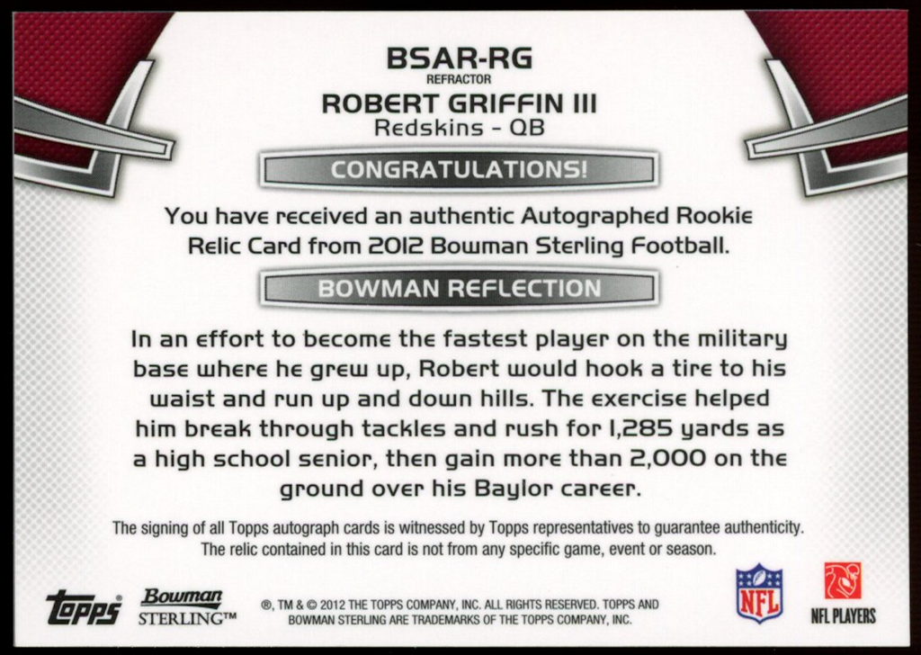 ROBERT GRIFFIN III 2012 Bowman Sterling Rookie Patch Auto Blue Refractor /99