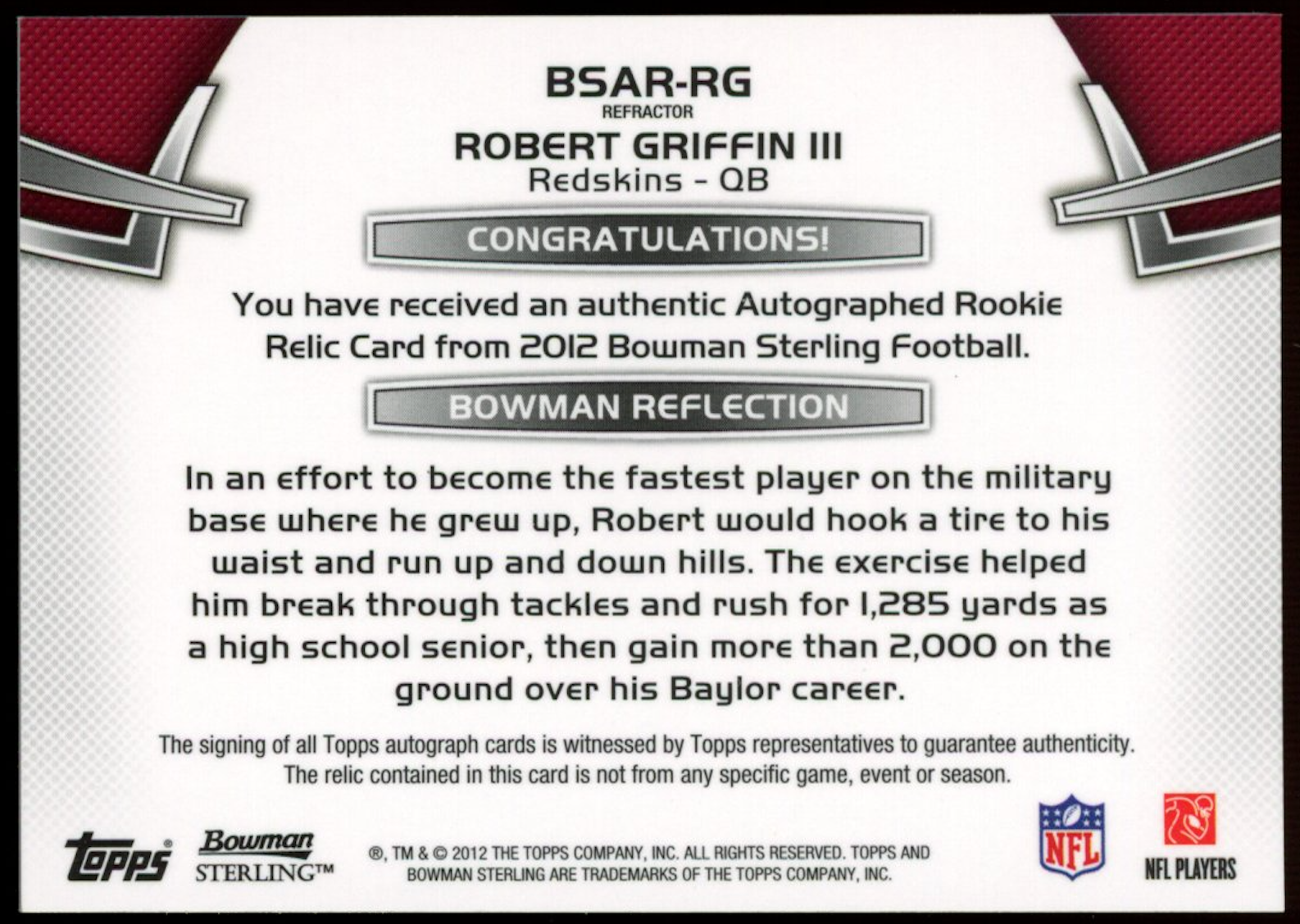 ROBERT GRIFFIN III 2012 Bowman Sterling Rookie Patch Auto Blue Refractor /99