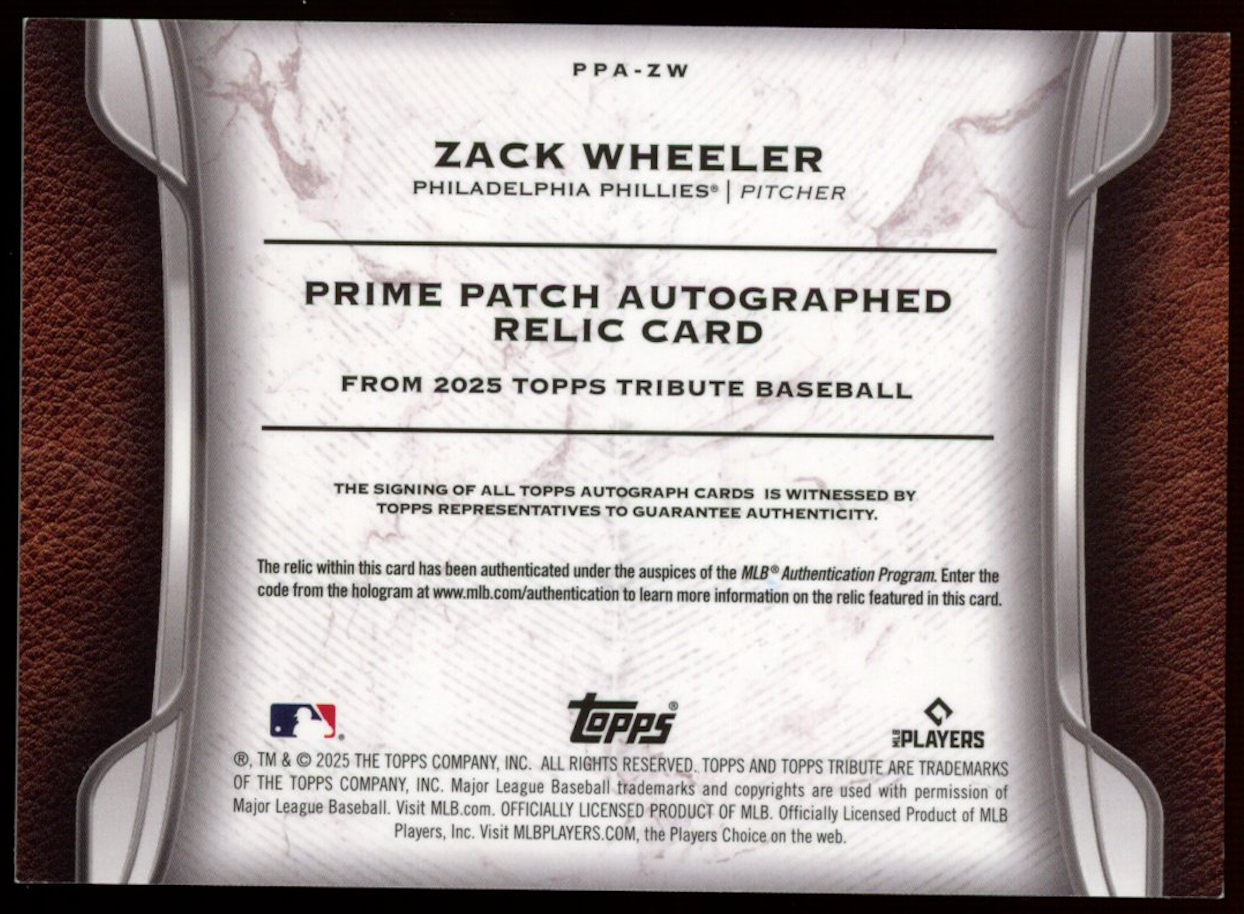 ZACK WHEELER 2025 Topps Tribute Prime Patch Relic Auto /5 Phillies #PPA-ZW