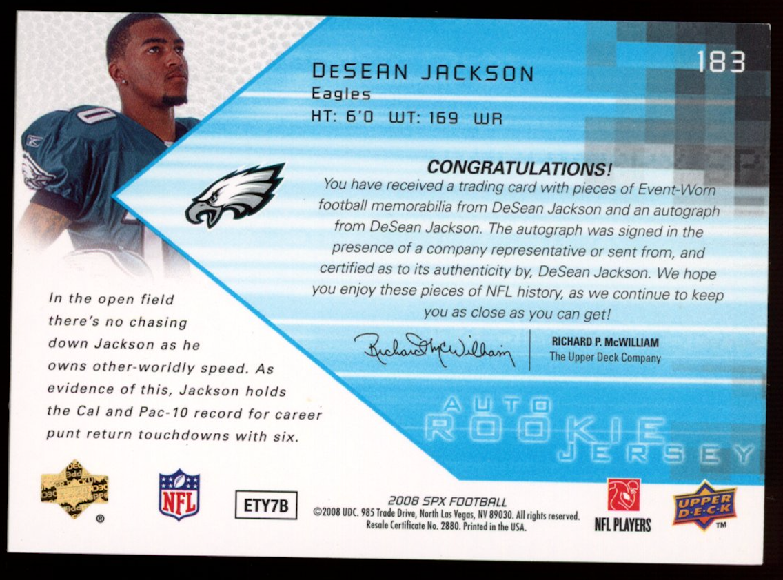 DESEAN JACKSON 2008 Upper Deck SPx Rookie Jersey Patch Auto /325 Eagles #183