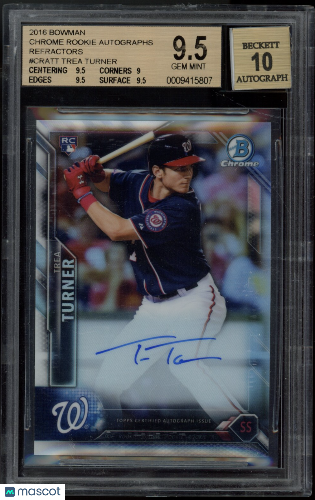 TREA TURNER 2016 Bowman Chrome Rookie Auto Refractor /499 #CRATT BGS 9.5