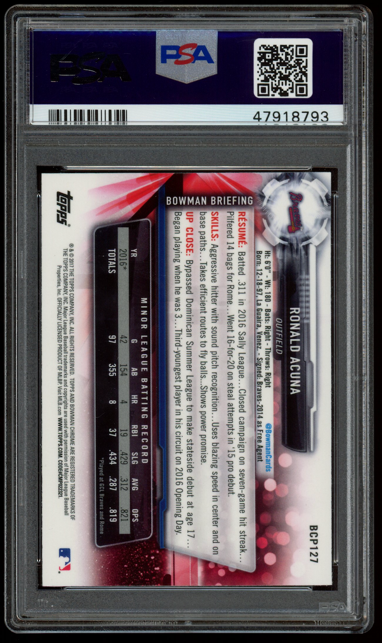 RONALD ACUNA 2017 Bowman Chrome Prospects 1st Bowman #BCP127 PSA 10 Braves