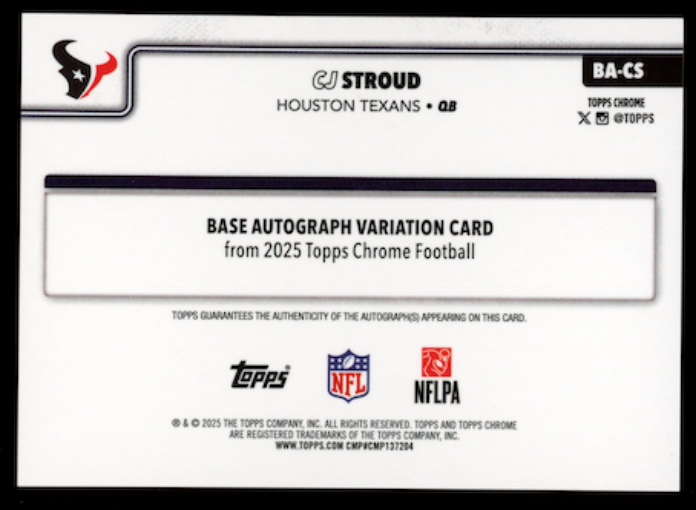 CJ STROUD 2025 Topps Chrome Base Auto Purple Refractor /75 #BA-CS Texans