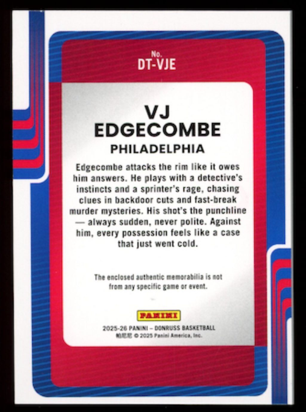 VJ EDGECOMBE 2025-26 Panini Donruss Rookie Threads Patch Blue /25 #DT-VJE 76ers