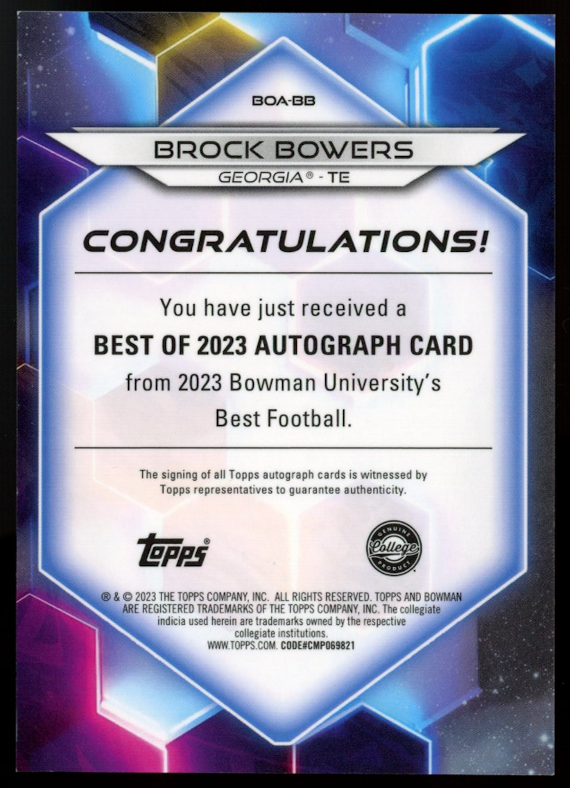 BROCK BOWERS 2023 Bowman U Best Gold Refractor Auto /50 Rookie Georgia Raiders