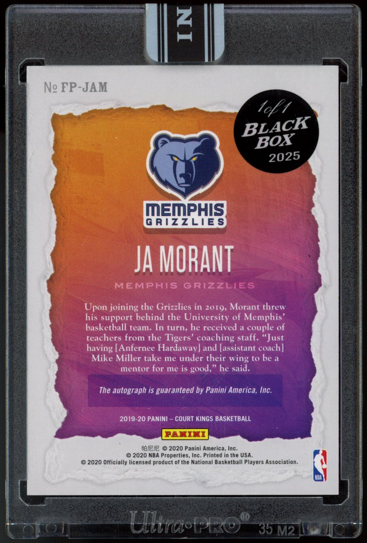 JA MORANT 2019-20 Panini Court Kings Fresh Paint Black Box 1/1 Rookie Auto