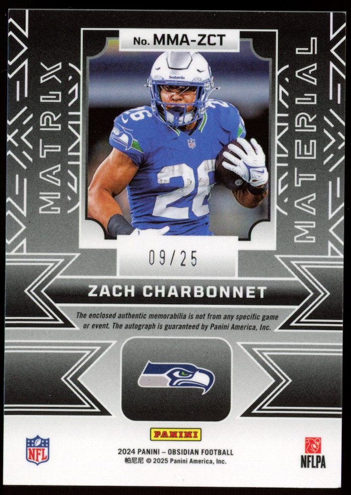ZACH CHARBONNET 2024 Panini Obsidian Matrix Material Patch Auto Blue /25