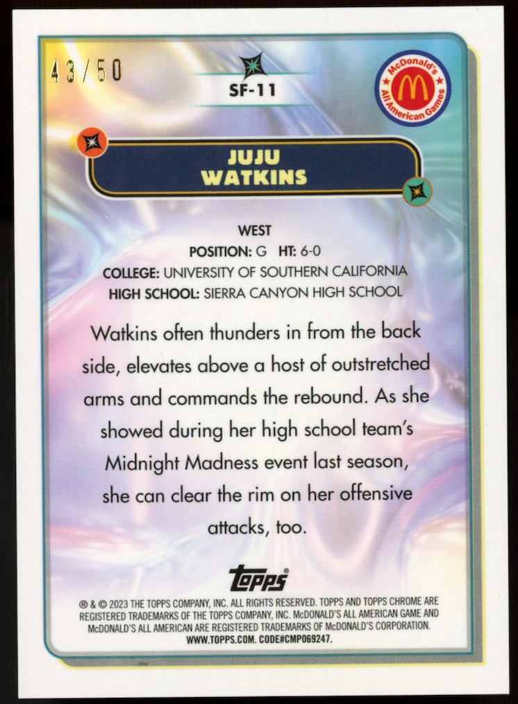 JUJU WATKINS 2023 Topps Chrome McDonald's Super Fly Gold Refractor /50 USC