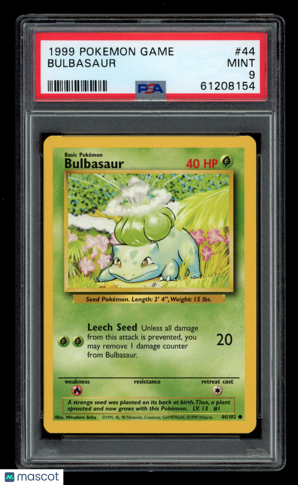BULBASAUR 1999 Pokemon Game Base Set Common #44 PSA 9 MINT