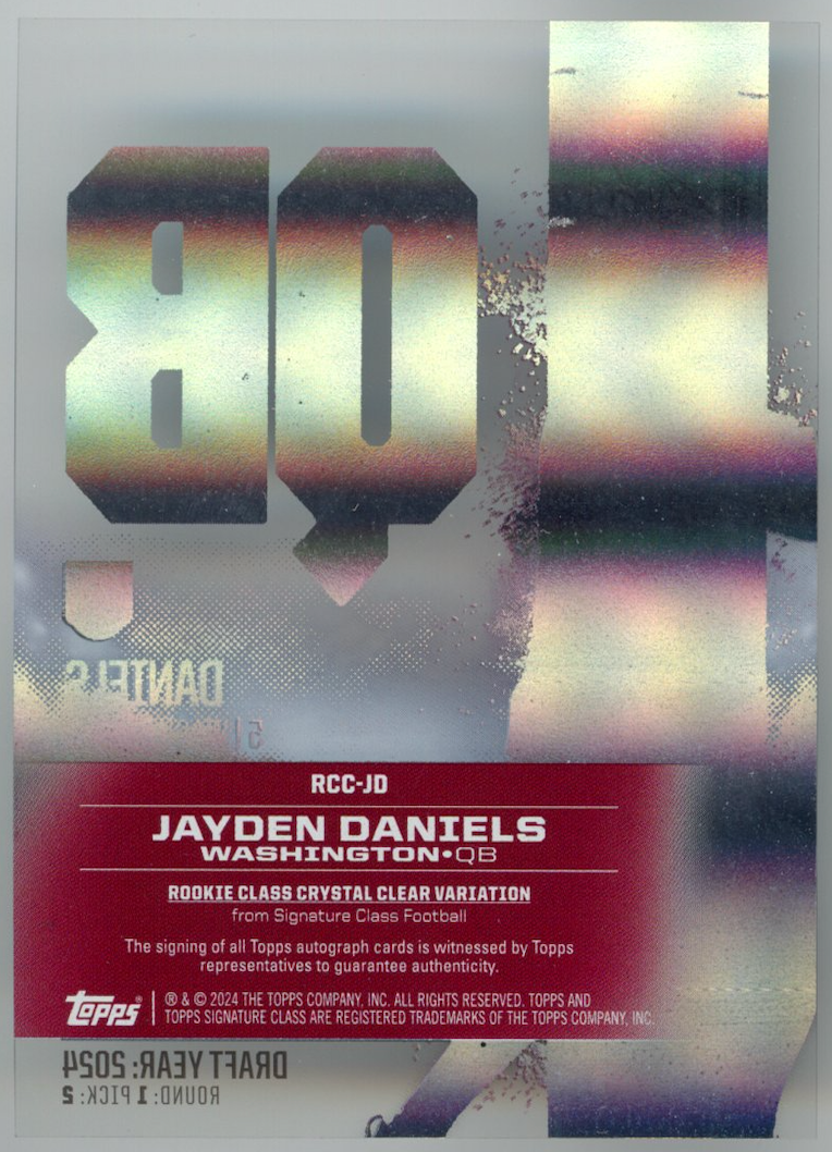 JAYDEN DANIELS 2024 Topps Signature Class Crystal Clear Rookie Auto Commanders