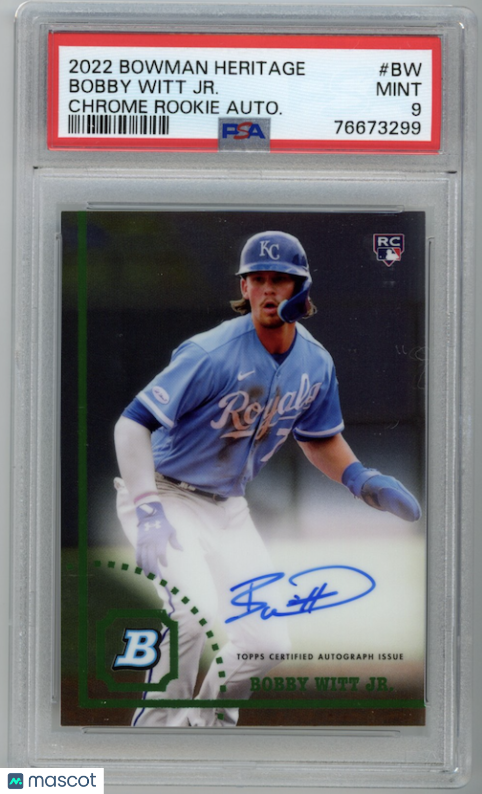 BOBBY WITT JR. 2022 Bowman Heritage Chrome Rookie Auto PSA 9 Royals #BW