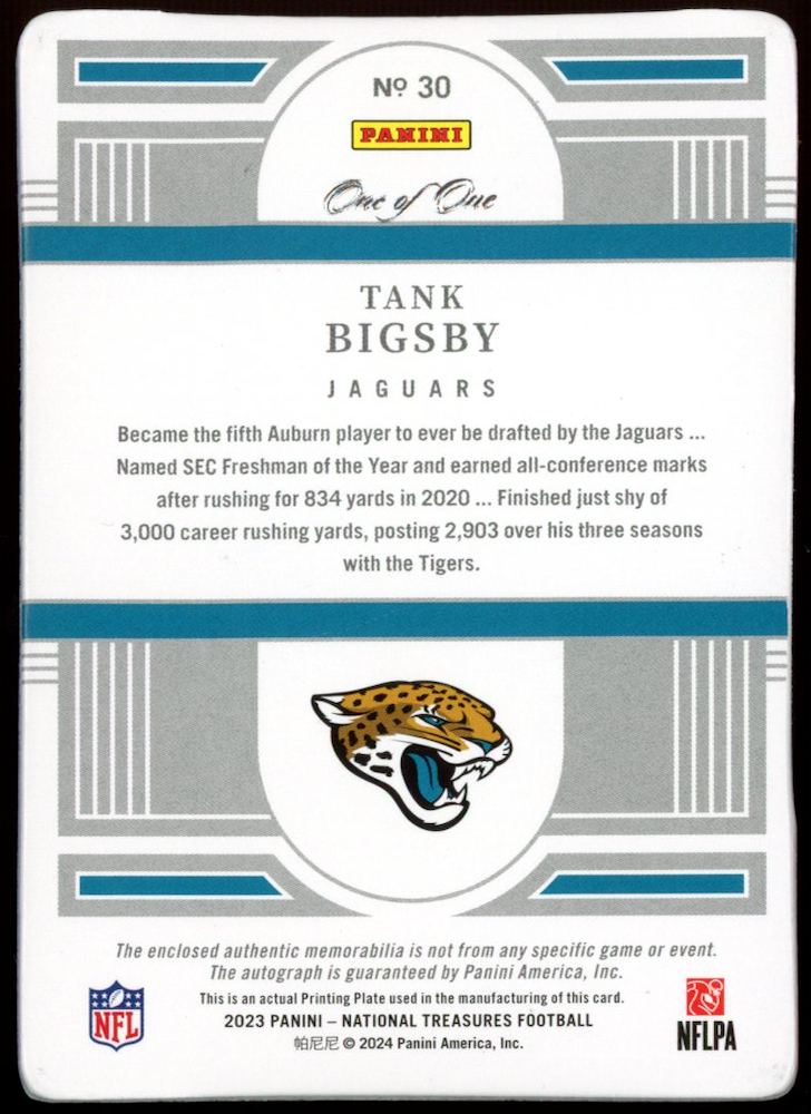 TANK BIGSBY 2023 National Treasures Rookie Patch Auto Shield Printing Plate 1/1