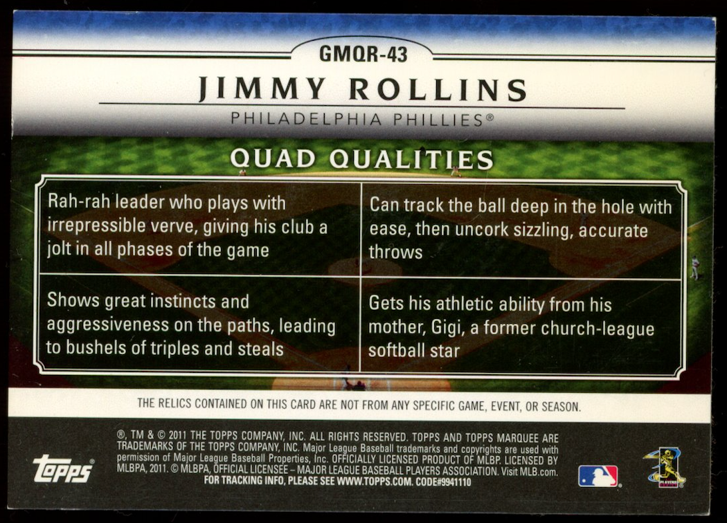 JIMMY ROLLINS 2011 Topps Marquee Gametime Mementos Quad Relic /125 Phillies