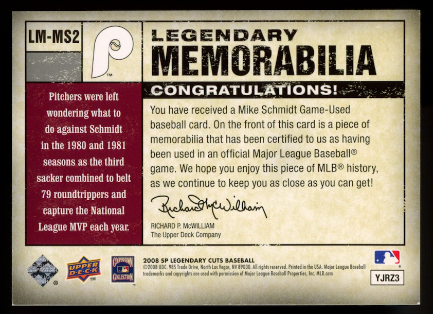 MIKE SCHMIDT 2008 Upper Deck SP Legendary Cuts Jersey Patch /35 Phillies