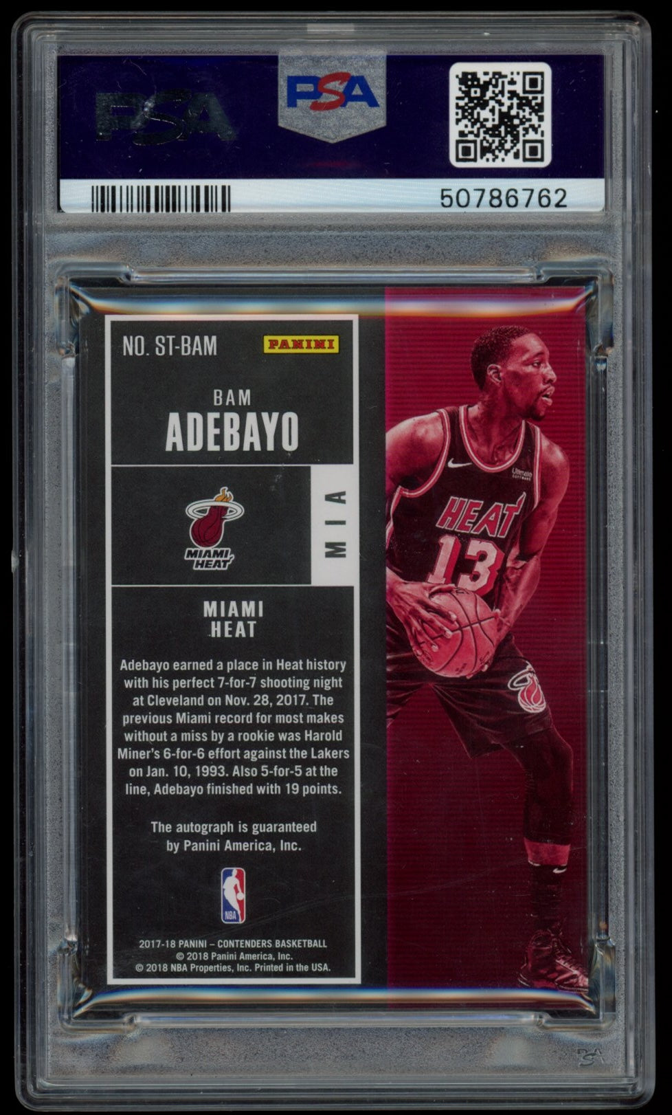 BAM ADEBAYO 2017-18 Panini Contenders Rookie Season Ticket Auto #STBAM PSA 8