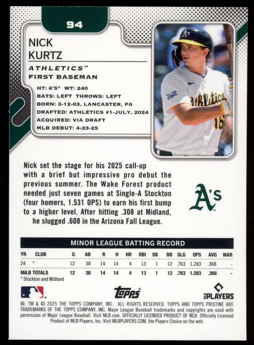 NICK KURTZ 2025 Topps Pristine Rookie Purple Refractor /99 #94 Athletics