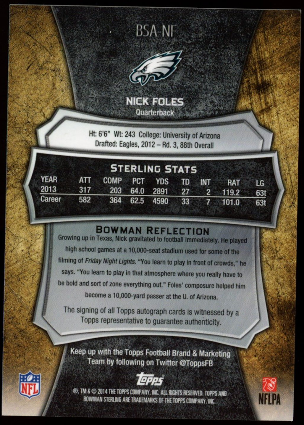 NICK FOLES 2014 Bowman Sterling Bronze Auto /99 #BSA-NF Eagles Autograph