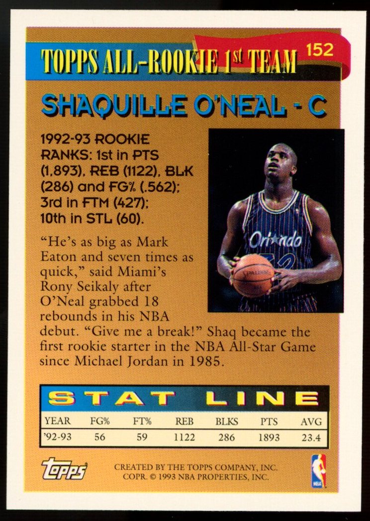 STACY KING 1993-94 Topps Error Shaquille O'Neal On Back Rare #152 Frank's Card Shop STACY KING 1993-94 Topps Error Shaquille O'Neal On Back Rare #152 Frank's Card Shop