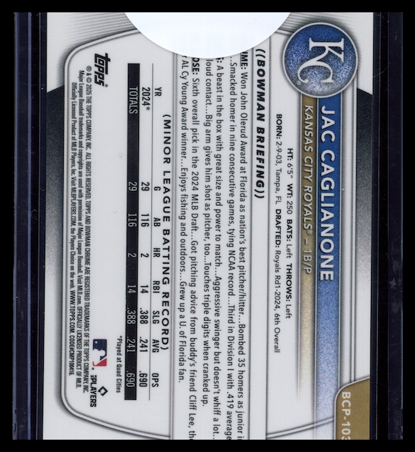 JAC CAGLIANONE 2025 Bowman Chrome Prospect Black X-Fractor /10 #BCP-103 Royals