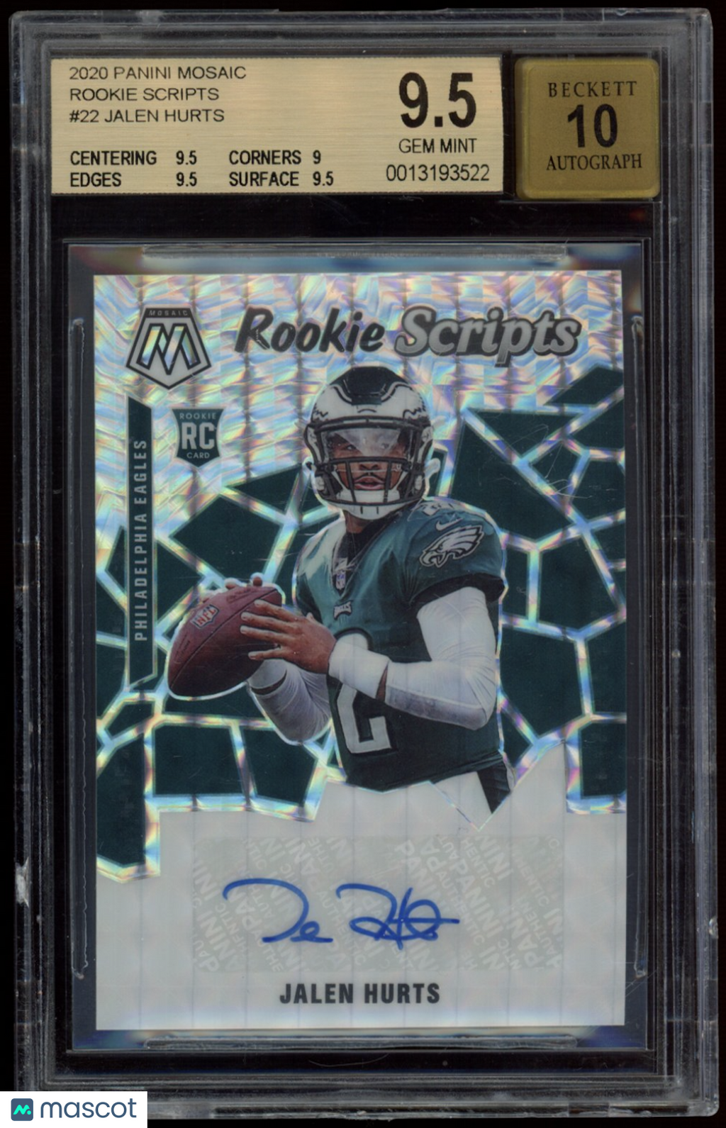 JALEN HURTS 2020 Panini Mosaic Rookie Scripts Auto Silver Prizm #22 BGS 9.5