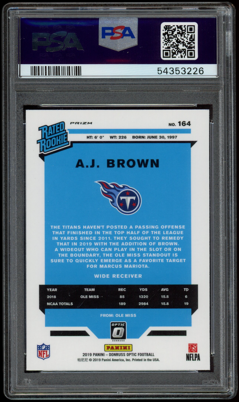 A.J. BROWN 2019 Donruss Optic Rated Rookie Green Velocity #164 PSA 10 Titans