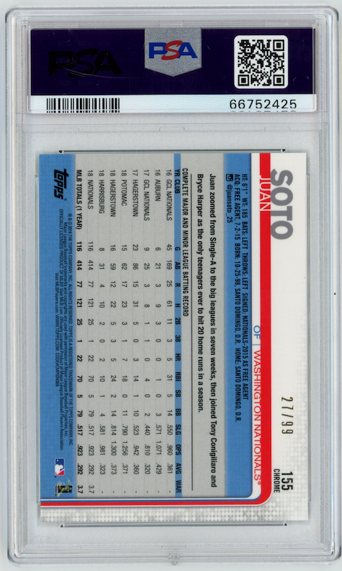 Juan Soto 2019 Topps Chrome Green Refractor /99 SP Nationals PSA 10 #155
