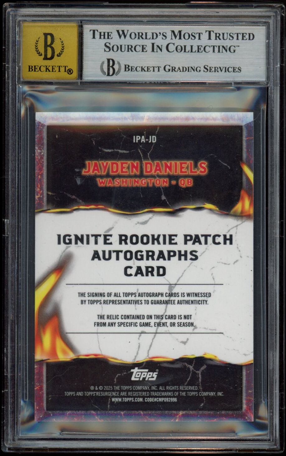 JAYDEN DANIELS 2024 Topps Resurgence Rookie Patch Auto White Surge /125 BGS 9