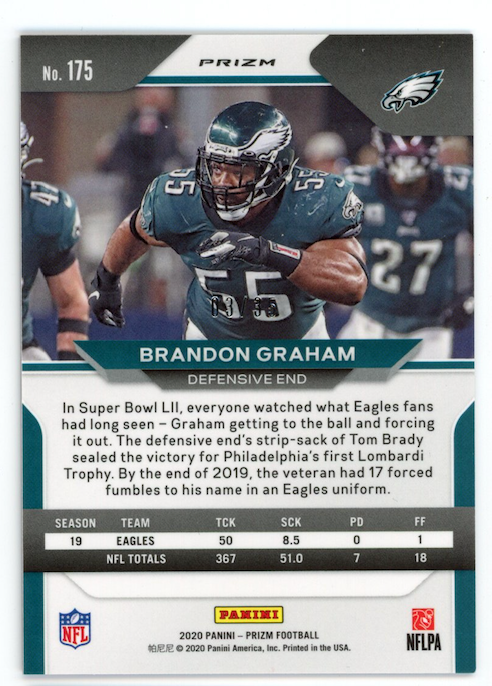 BRANDON GRAHAM 2020 Panini Prizm No Huddle Purple Disco /35 #175 Eagles