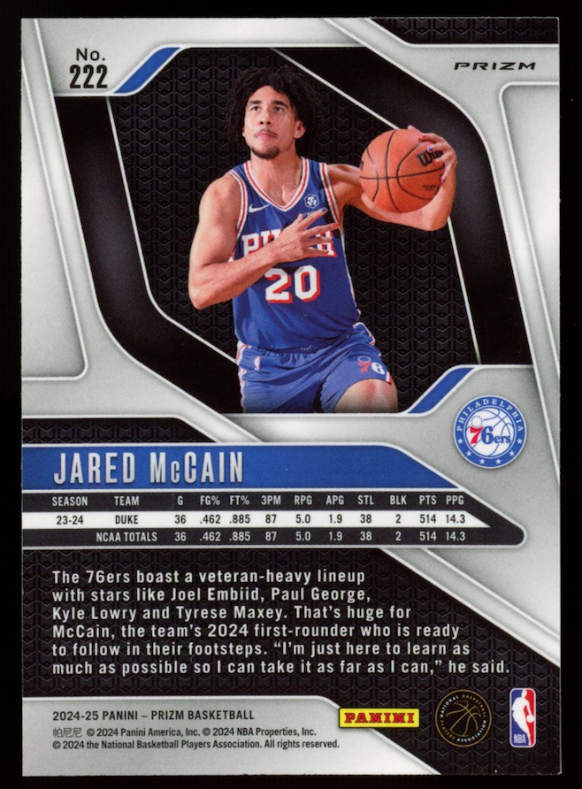 JARED MCCAIN 2024-25 Panini Prizm Black White Panda SSP Rookie #222 76ers