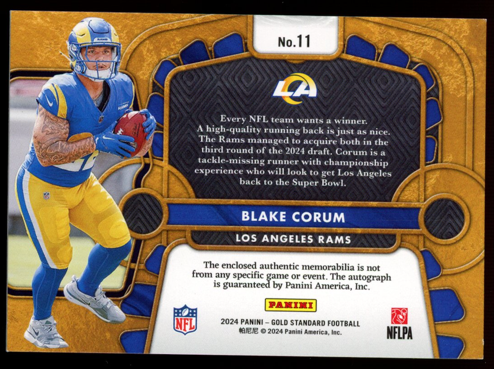 BLAKE CORUM 2024 Panini Gold Standard Rookie Patch Auto Rose Gold /24 Rams #11