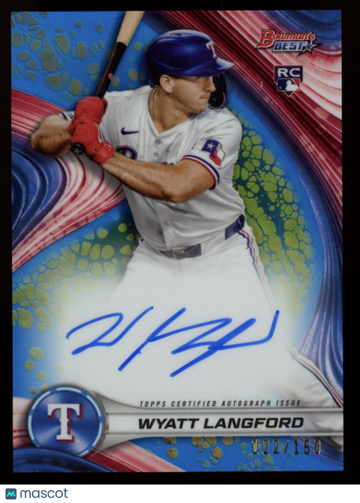 WYATT LANGFORD 2024 Bowman's Best Rookie Auto Blue Refractor /150 Rangers