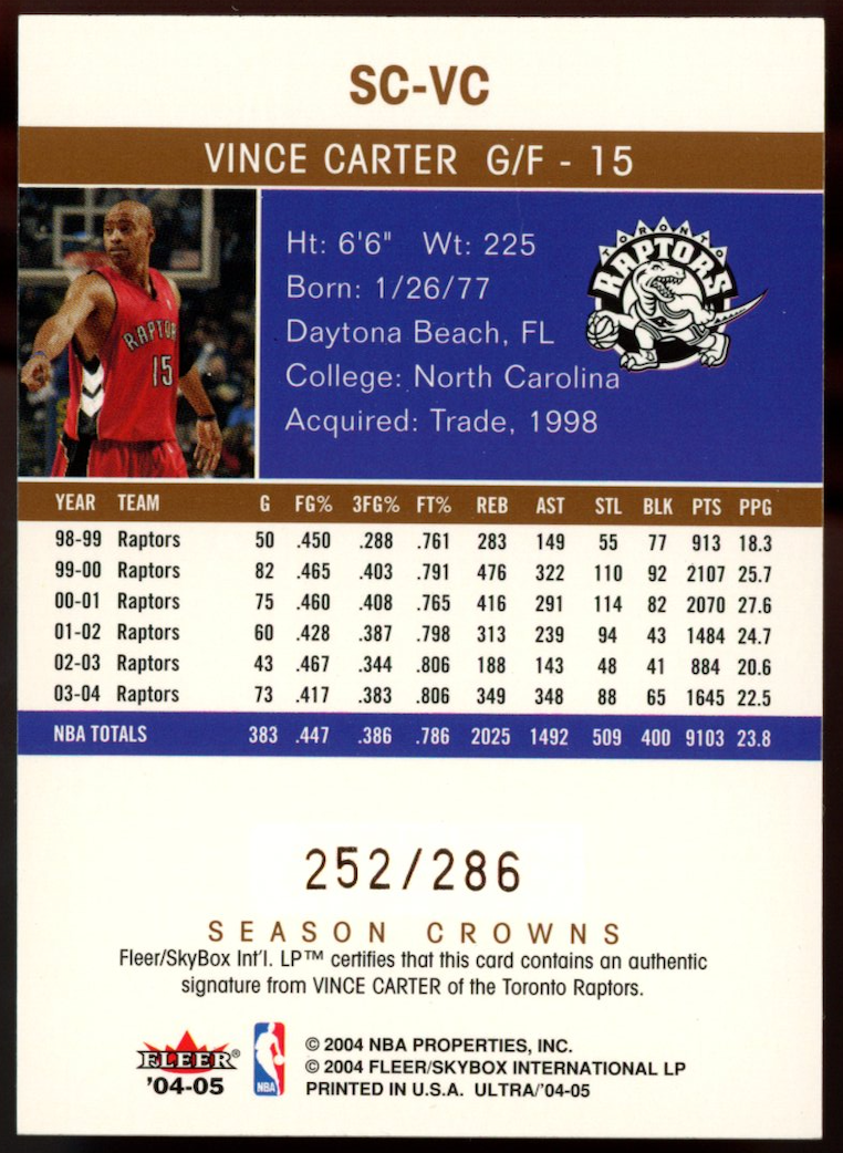 VINCE CARTER 2004-05 Fleer Ultra Season Crowns Auto /286 Toronto Raptors