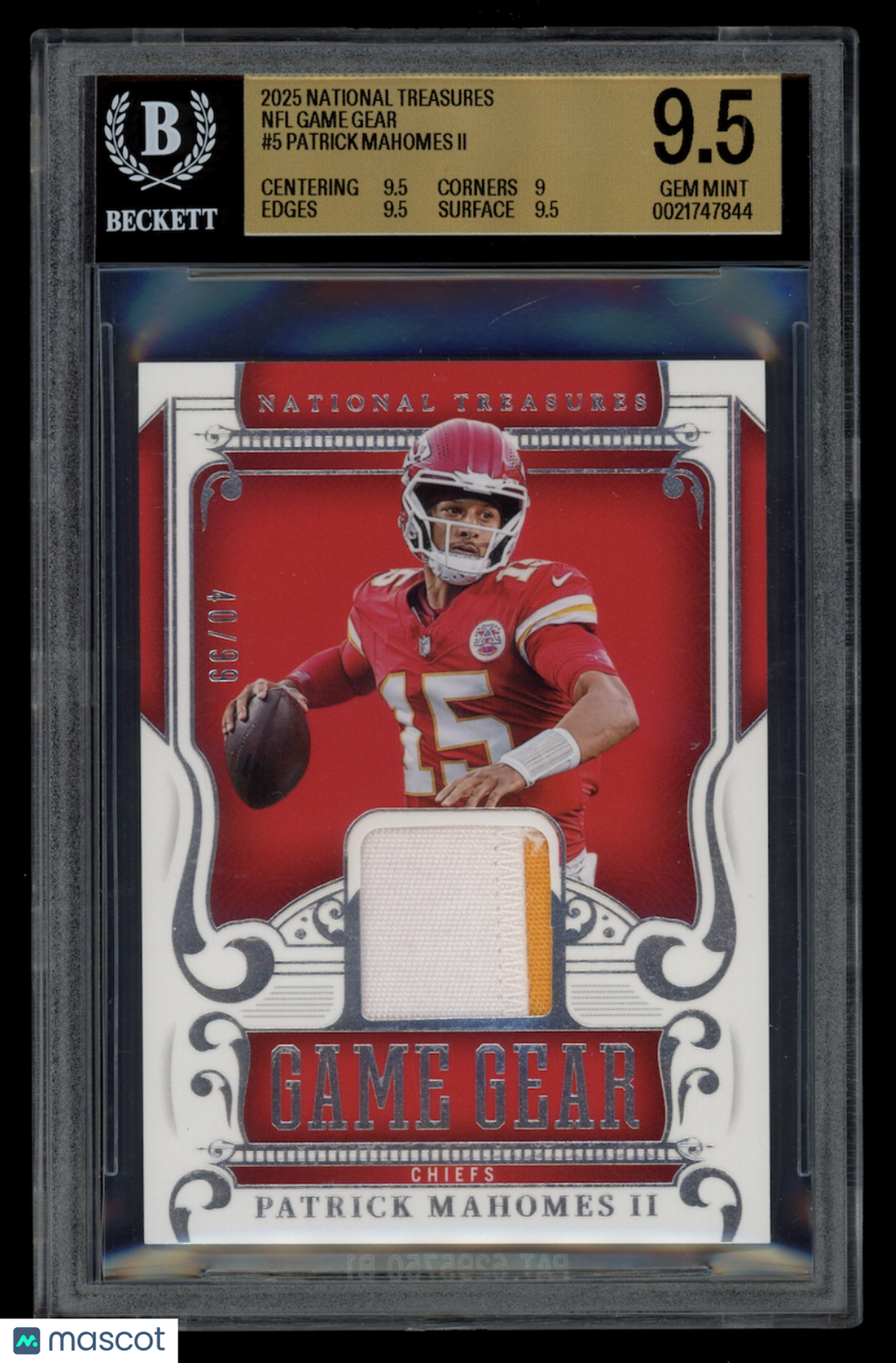 PATRICK MAHOMES 2025 Panini National Treasures Game Gear Patch /99 #5 BGS 9.5