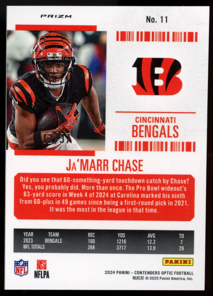 JA'MARR CHASE 2024 Panini Contenders Optic Purple Pulsar FOTL Prizm /37 Bengals