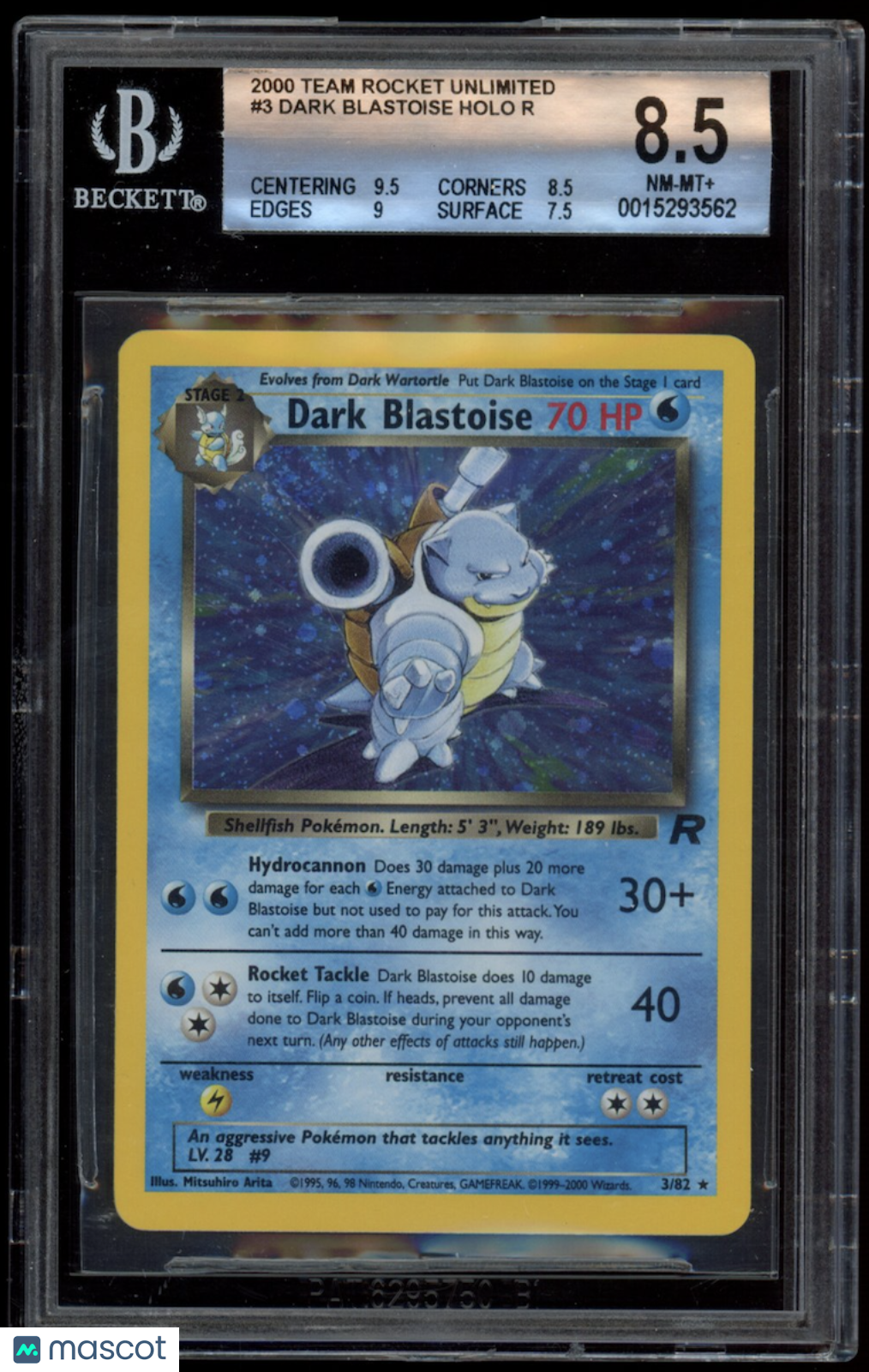 DARK BLASTOISE 2000 Pokemon Team Rocket Unlimited Holo Rare #3 BGS 8.5