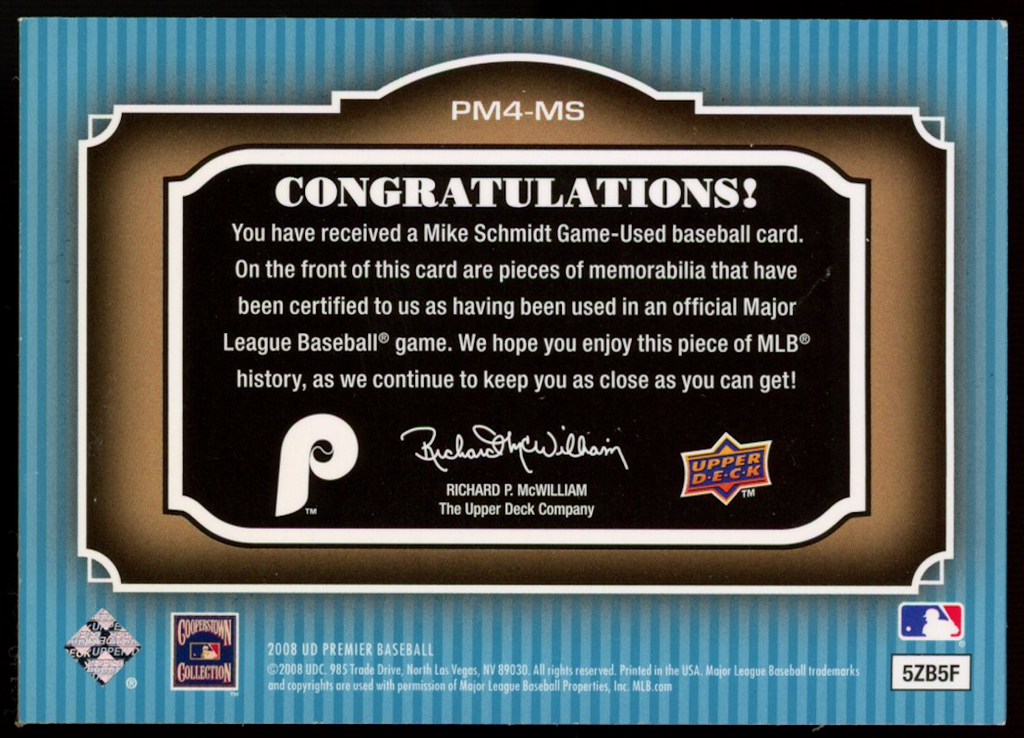MIKE SCHMIDT 2008 Upper Deck Premier Memorabilia Quad Patch /40 Phillies